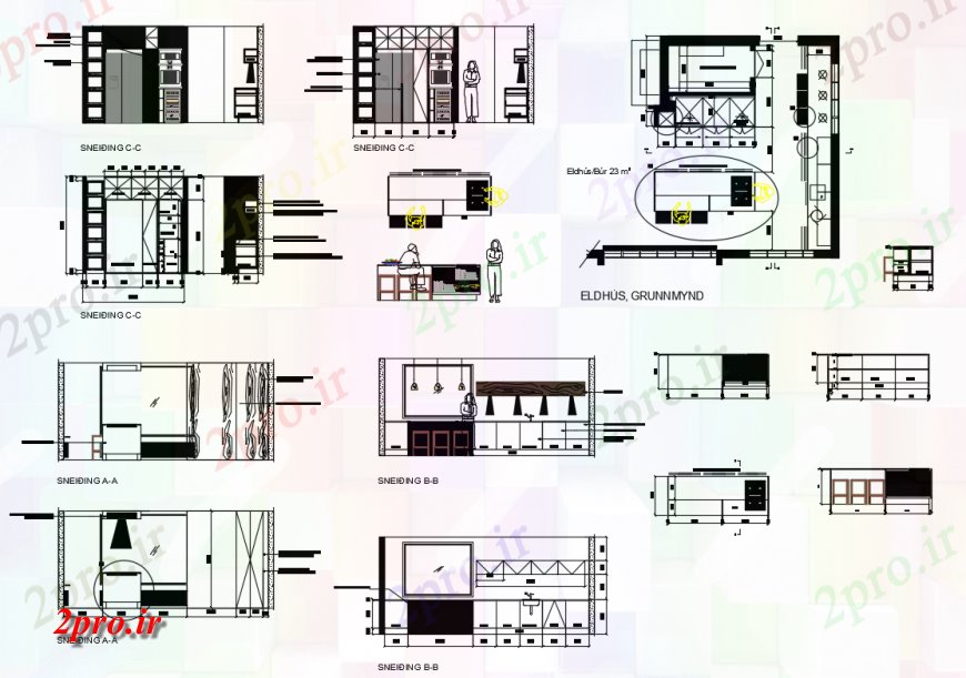 دانلود نقشه آشپزخانه آشپزخانه  مقطعی و داخلی طراحی جزئیات  (کد137155)
