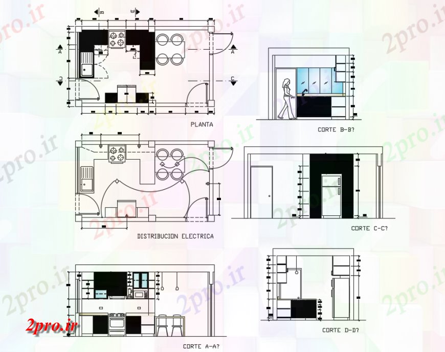 دانلود نقشه آشپزخانه خانه آشپزخانه طرح، بخش و توزیع برق 3 در 6 متر (کد137169)