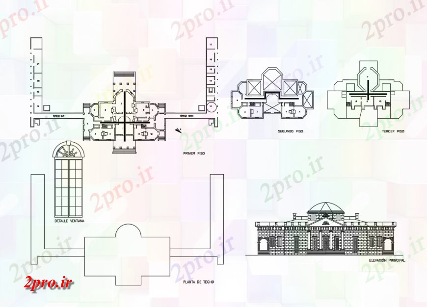 دانلود نقشه کلیسا - معبد - مکان مذهبی نما مسجد مذهبی ، طرحی پایه و اساس، برای اولین بار، طرحی طبقه دوم و سوم جزئیات (کد137183)