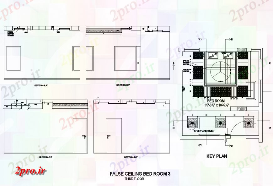دانلود نقشه برق مسکونی سقف کاذب طرحی اتاق خواب و بخش جزئیات 20 در 26 متر (کد137197)