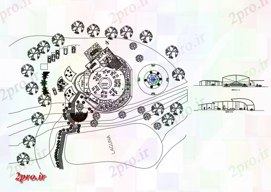 دانلود نقشه هتل - رستوران - اقامتگاه رستوران مقطعی و محوطه سازی طراحی ساختاری جزئیات 26 در 35 متر (کد137228)