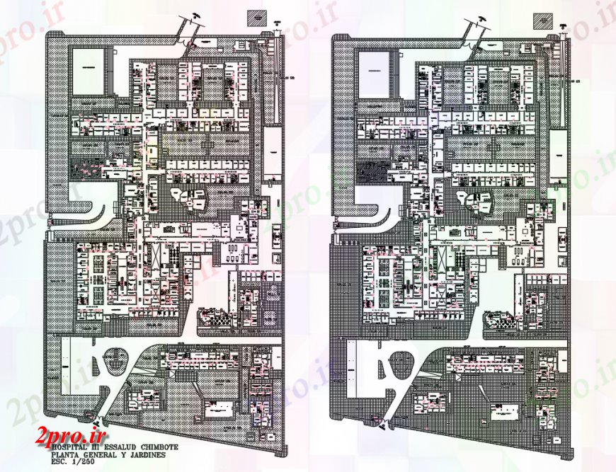 دانلود نقشه بیمارستان - درمانگاه - کلینیک Chimbot بیمارستان چند سطح طرحی کلی و باغ جزئیات با طراحی 140 در 256 متر (کد137279)