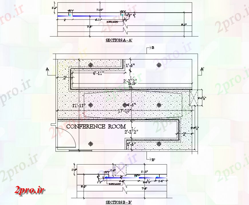 دانلود نقشه ساختمان اداری - تجاری - صنعتی اتاق کنفرانس طراحی سقف و بخش چیدمان 13 در 16 متر (کد137324)