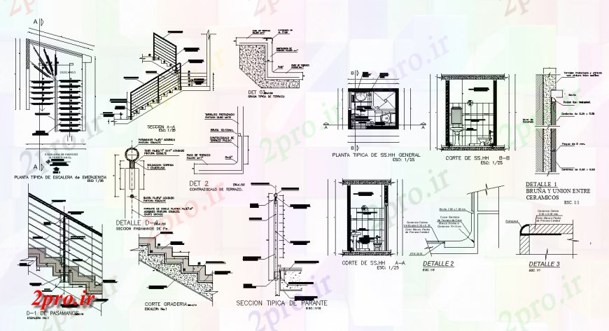 دانلود نقشه بلوک های بهداشتی توالت بهداشتی و جزئیات ساختار پلکان دو بعدی چیدمان 19 در 19 متر (کد137422)