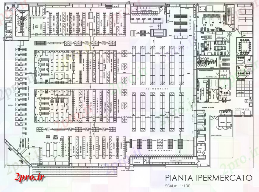 دانلود نقشه هایپر مارکت - مرکز خرید - فروشگاه طراحی های سوپر مارکت در اتوکد 62 در 94 متر (کد137535)