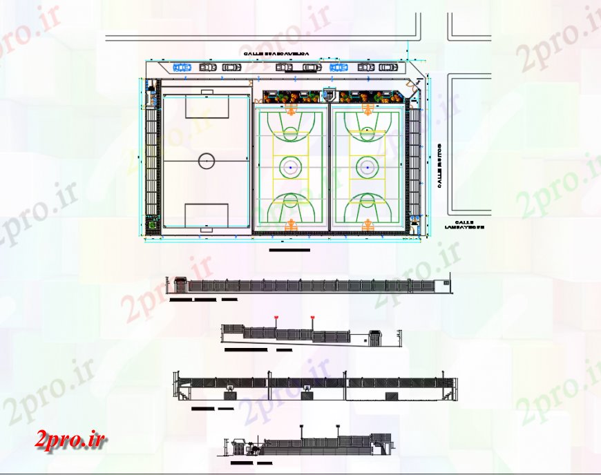 دانلود نقشه ورزشگاه ، سالن ورزش ، باشگاه ورزشی نما، بخش و ورزش ساختار زمین جزئیات مرکز 19 در 32 متر (کد137620)