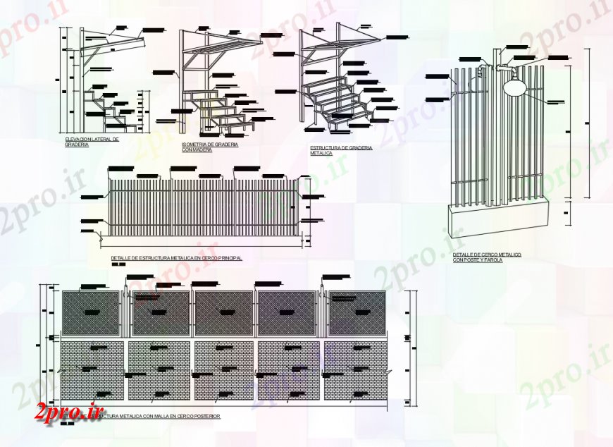 دانلود نقشه طراحی جزئیات ساختار جزئیات ساختار فلزی سوراخ در حصار عقب ورزشی زمین (کد137624)