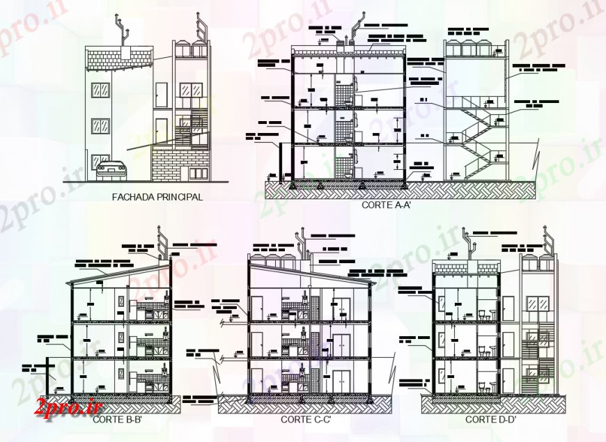 دانلود نقشه مسکونی  ، ویلایی ، آپارتمان  دو خوابه مسکونی چند خانواده آپارتمان   آپارتمان   تمام نما طرفه و جزئیات مقطعی  (کد137634)