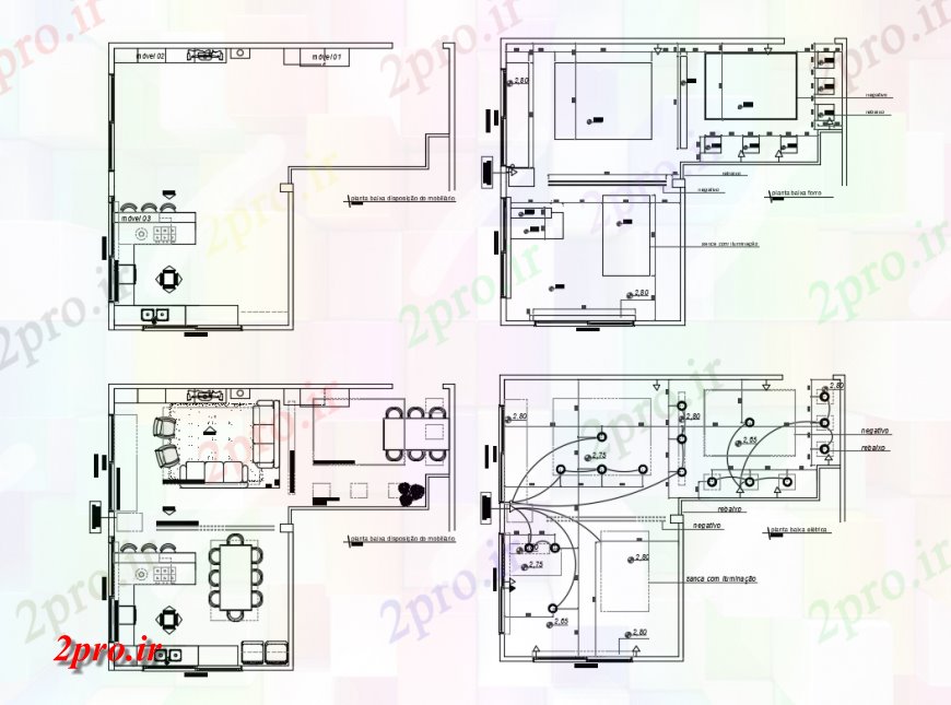 دانلود نقشه آشپزخانه زندگی اتاق طراحی با پخت و پز الکتریکی و جزئیات (کد137765)