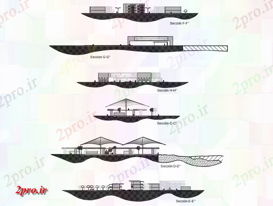 دانلود نقشه هایپر مارکت  - مرکز خرید - فروشگاه خرید سرگرمی و مرکز تحقیقات تمام نما طرفه و جزئیات مقطعی (کد137785)