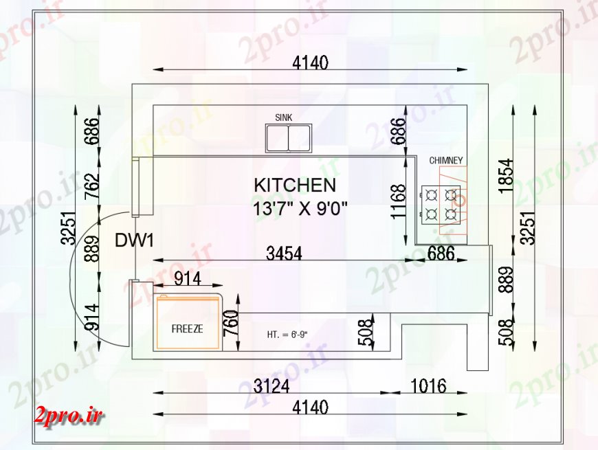 دانلود نقشه آشپزخانه خانه آشپزخانه بالای صفحه طرحی های 3 در 4 متر (کد137824)