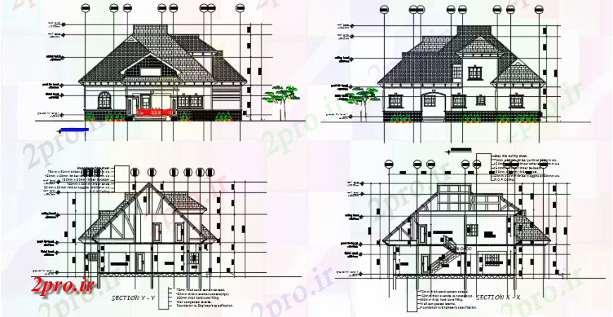 دانلود نقشه مسکونی  ، ویلایی ، آپارتمان  خانه کلبه جزئیات نما مقطعی از همه طرف  (کد137900)