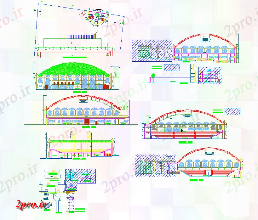 دانلود نقشه ورزشگاه ، سالن ورزش ، باشگاه ورزشگاه ساخت نما جزئیات و بخش دو بعدی 50 در 56 متر (کد137967)