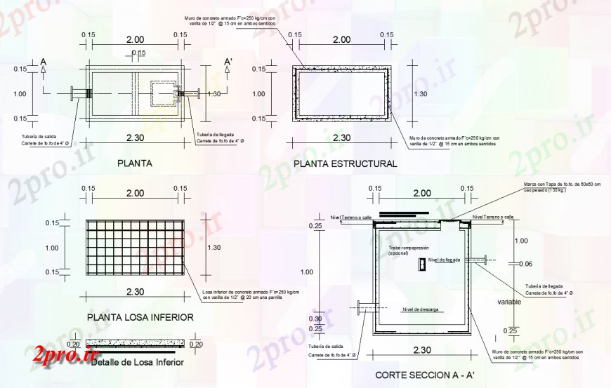 دانلود نقشه طراحی اتوکد پایه طرحی با طراحی از منطقه با طراحی ساختاری و مقطعی از دیوار و پایه و اساس لوله 4 در 4 متر (کد137997)