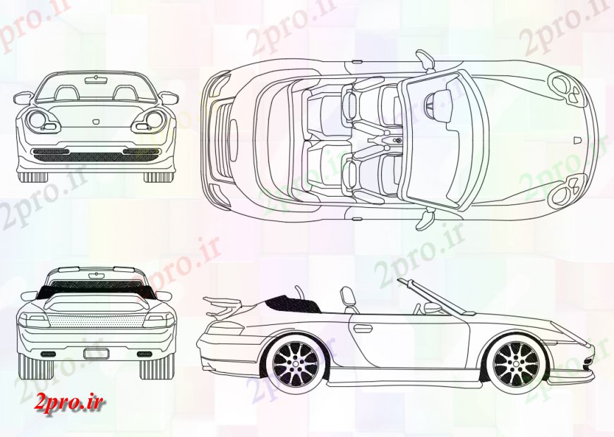 دانلود نقشه بلوک وسایل نقلیه تجملات سقف باز بلوک ماشین پورشه  (کد138249)