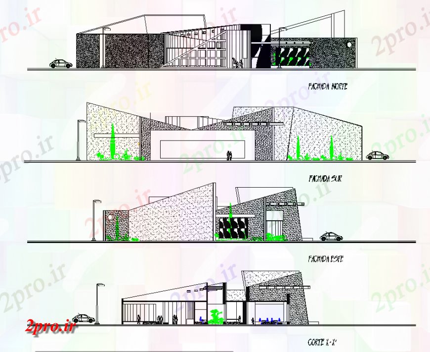 دانلود نقشه ساختمان اداری - تجاری - صنعتی نما و بخش اطلاعات بصری مرکز 2levels معمار ماشین حجمی جزئیات 39 در 39 متر (کد138350)