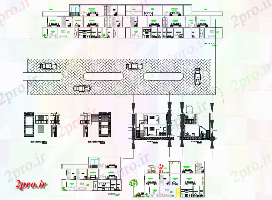 دانلود نقشه ساختمان اداری - تجاری - صنعتی طرح، نما و بخش کاندومینیوم چیدمان 30 در 44 متر (کد138366)