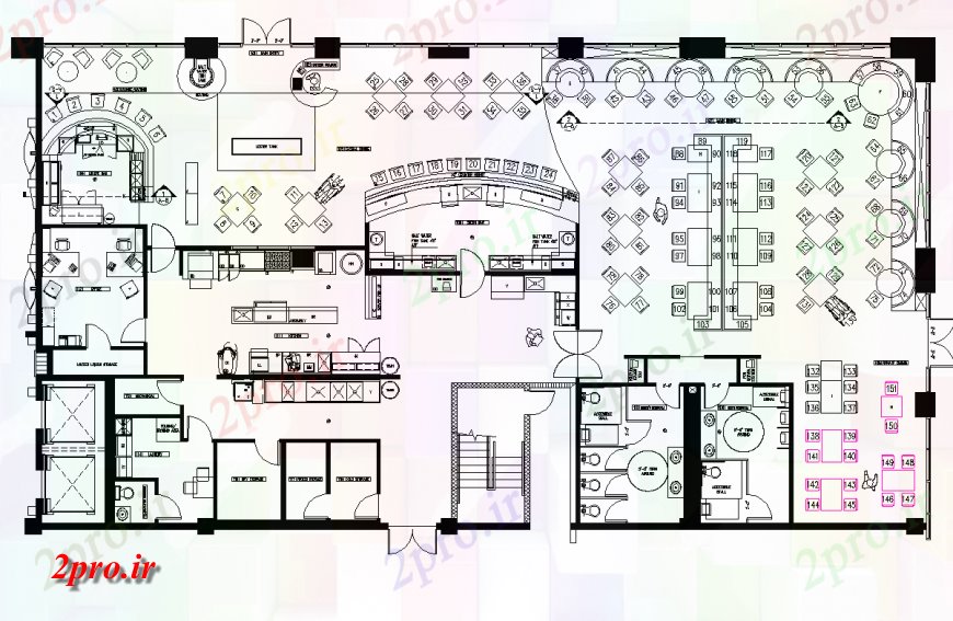 دانلود نقشه هتل - رستوران - اقامتگاه یک رستوران برنامه ریزی اتوکد 17 در 32 متر (کد138371)