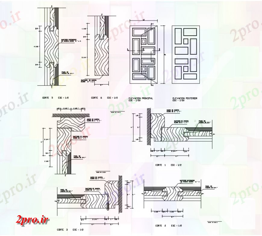 دانلود نقشه جزئیات طراحی در و پنجره  نما جلو جزئیات درب چوب (کد138396)