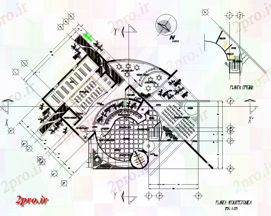 دانلود نقشه ساختمان اداری - تجاری - صنعتی مرکز اطلاعات ویژوال 2levels معماری حجمی 39 در 39 متر (کد138466)