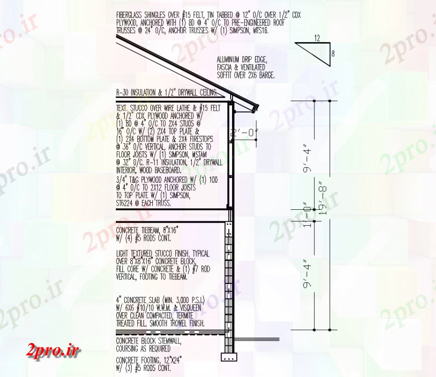 دانلود نقشه جزئیات ستون نما ستون و دیوار با منطقه طراحی خرپا (کد138526)