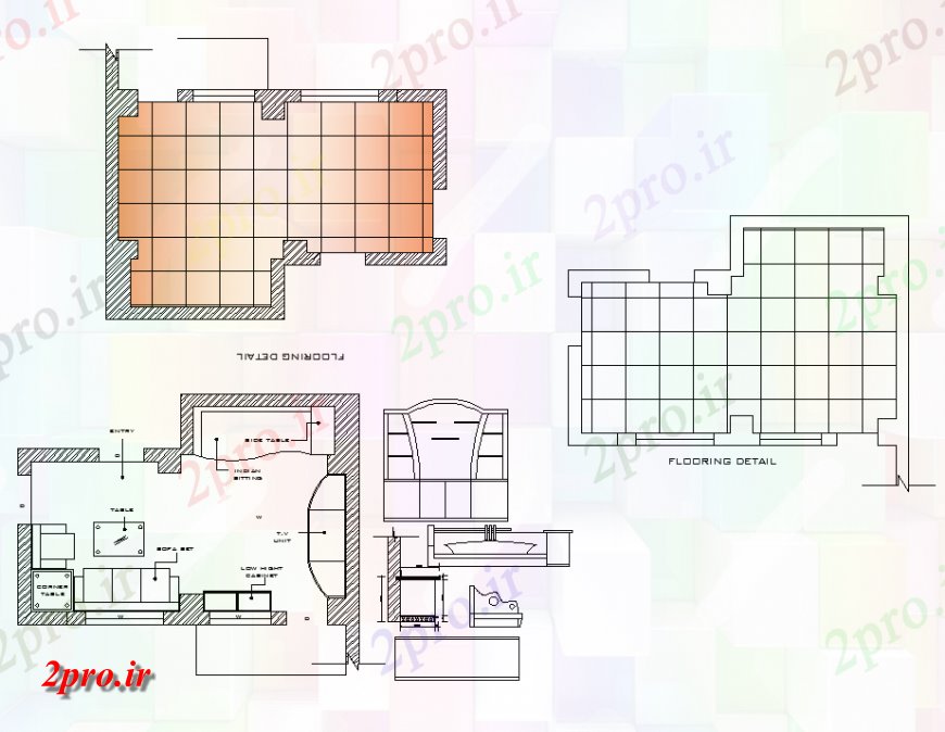 دانلود نقشه اتاق نشیمن ، حال ، پذیرایی زندگی ساختار طرحی اتاق داخلی دو بعدی طرح 4 در 5 متر (کد138688)