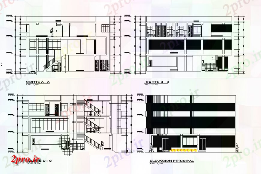 دانلود نقشه ساختمان اداری - تجاری - صنعتی نما و بخش ساختمان تجاری 16 در 16 متر (کد138711)