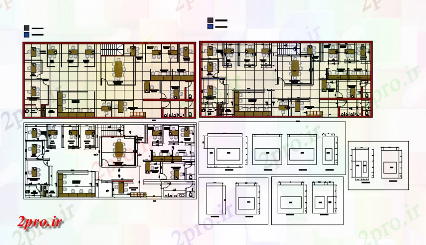 دانلود نقشه ساختمان اداری - تجاری - صنعتی طبقه همکف ساختمان اداری شرکت، طبقه اول و غیره جزئیات طراحی طبقه 10 در 22 متر (کد138740)