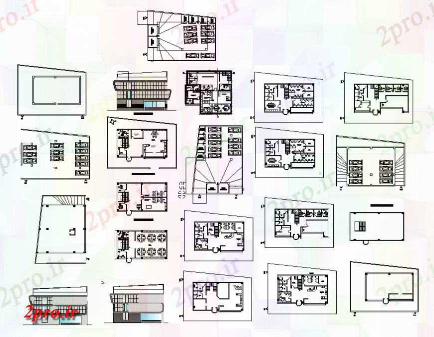 دانلود نقشه ساختمان اداری - تجاری - صنعتی ساختمان اداره نما، بخش و طرحی طبقه جزئیات 14 در 14 متر (کد138764)
