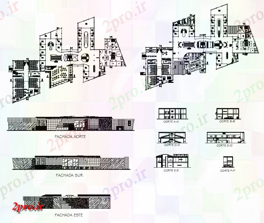 دانلود نقشه ساختمان اداری - تجاری - صنعتی بخش، نما و طرحی یک ساختمان اداری 76 در 125 متر (کد138785)