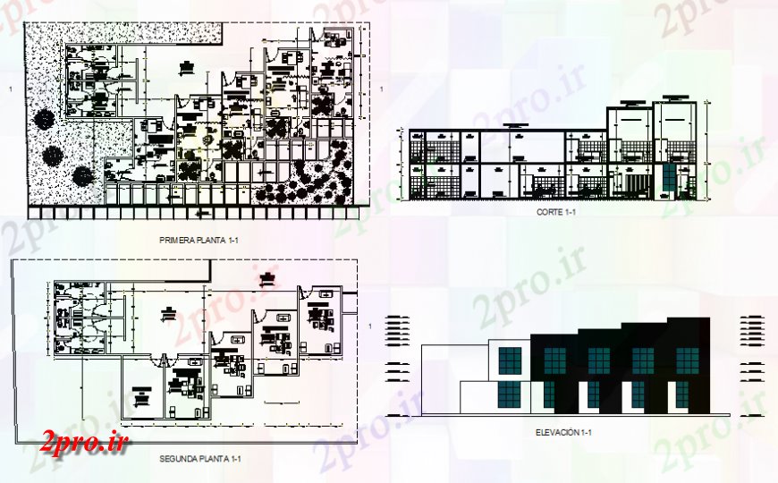 دانلود نقشه ساختمان اداری - تجاری - صنعتی نما محیط مدیریت اداری، بخش، طبقه اول و دوم طراحی طبقه جزئیات (کد138786)