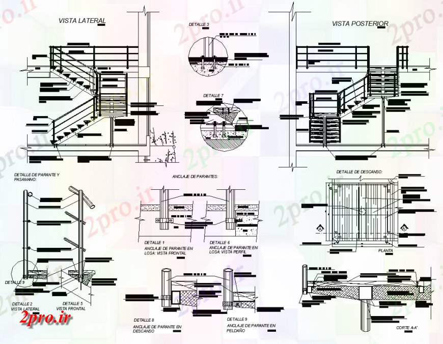 دانلود نقشه جزئیات پله و راه پله   طرحی ساخت و ساز راه پله و نما  دو بعدی   چیدمان (کد138806)