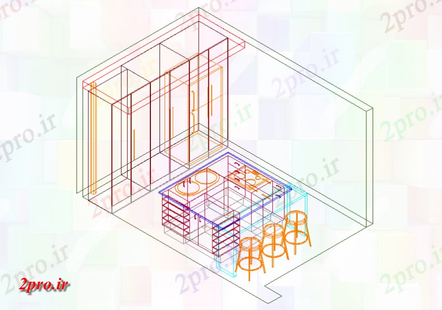 دانلود نقشه آشپزخانه آشپزخانه بخش بالای صفحه  تریدی و داخلی جزئیات (کد138841)