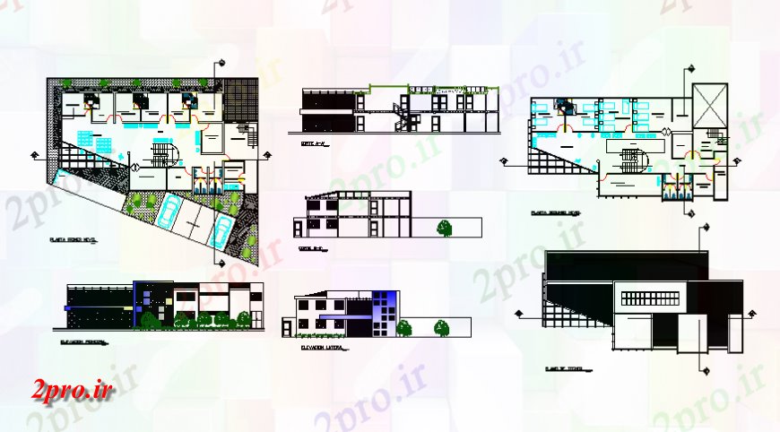 دانلود نقشه مسکونی  ، ویلایی ، آپارتمان  دو طبقه خانه همه نما، بخش و طرحی طبقه طرفه جزئیات  (کد138881)