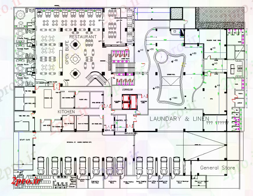 دانلود نقشه ساختمان اداری - تجاری - صنعتی رختشویی و خطوط برنامه ریزی 50 در 63 متر (کد138893)