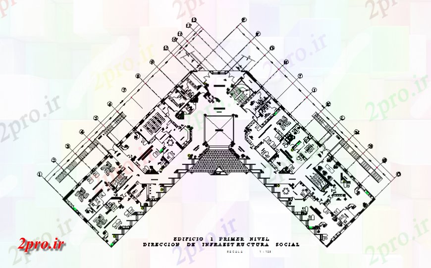 دانلود نقشه ساختمان اداری - تجاری - صنعتی اولین جزئیات طراحی طبقه از ساختمان اداری 65 در 66 متر (کد139155)