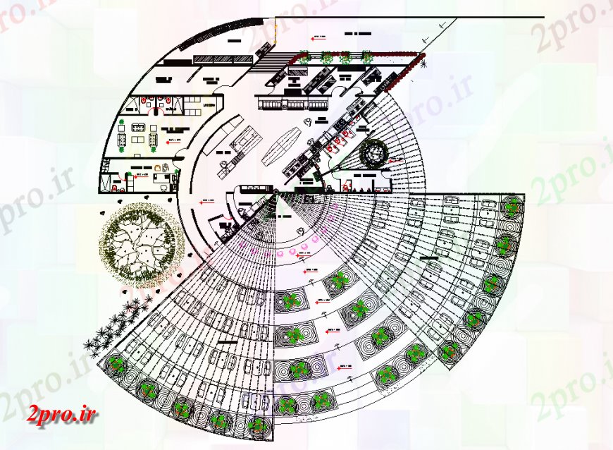 دانلود نقشه ساختمان اداری - تجاری - صنعتی شکل گرد ساختمان تجاری طرحی برنامه ریزی 26 در 33 متر (کد139182)
