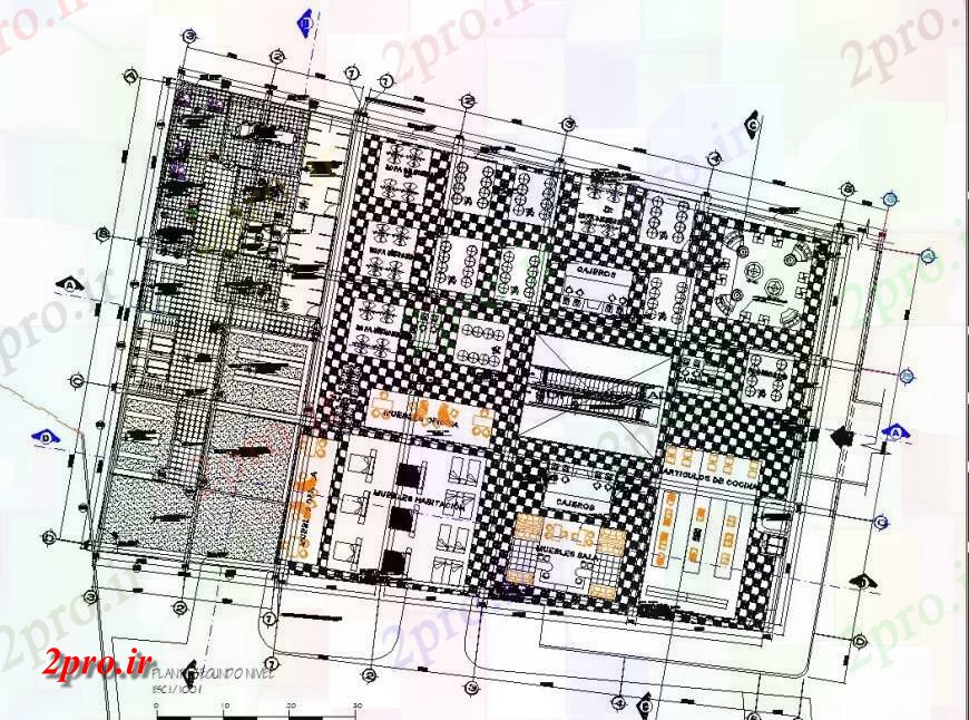 دانلود نقشه ساختمان اداری - تجاری - صنعتی خوابگاه ساختمان تجاری برنامه ریزی اتوکد 36 در 52 متر (کد139188)