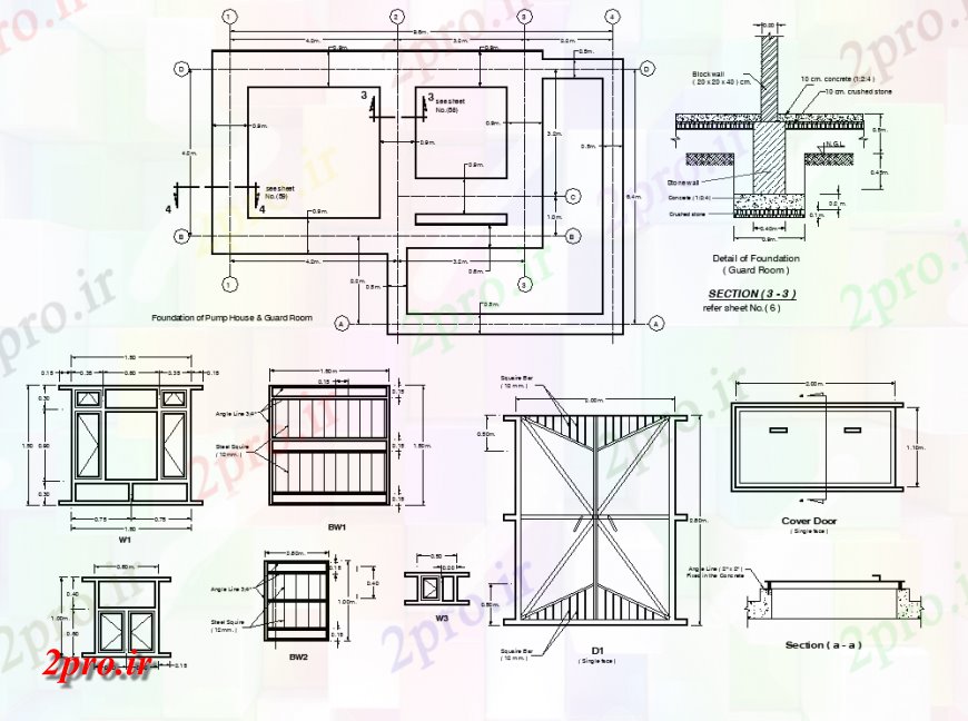 دانلود نقشه جزئیات لوله کشی بنیاد پمپ خانه و طرحی اتاق نگهبانی، نما و بخش جزئیات (کد139230)