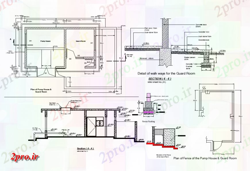 دانلود نقشه جزئیات لوله کشی جزئیات راه پیاده روی برای اتاق نگهبانی و پمپ خانه ، قسمت های طرح (کد139232)