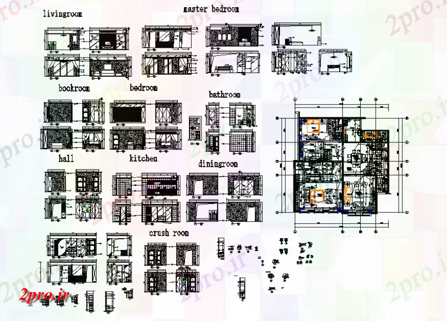 دانلود نقشه مسکونی  ، ویلایی ، آپارتمان  یک خانواده جزئیات طراحی خانه با اتاق خواب، سالن، آشپزخانه و غیره جزئیات داخلی  (کد139274)