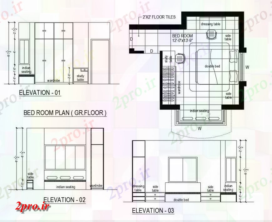 دانلود نقشه مسکونی ، ویلایی ، آپارتمان اتاق طبقه طرح، بستر یک خانه مبلمان داخلی جزئیات 9 در 16 متر (کد139278)