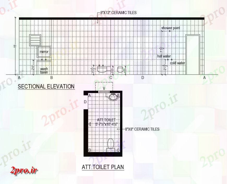 دانلود نقشه حمام مستر نما بخشی از یک حمام و توالت داخل جزئیات 7 در 16 متر (کد139298)