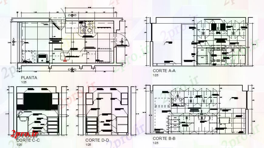 دانلود نقشه آشپزخانه طرحی جزئیات ساختار آشپزخانه و جزئیات مقطعی دو بعدی   (کد139366)