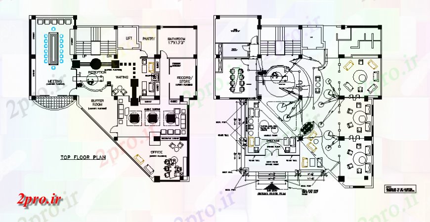 دانلود نقشه جزئیات و طراحی داخلی دفتر طرحی ساختمان اداری طبقه بالا و طراحی جزئیات داخلی 21 در 21 متر (کد139539)