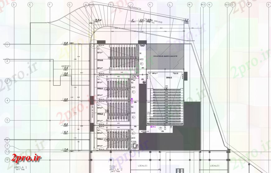 دانلود نقشه تئاتر چند منظوره - سینما - سالن کنفرانس - سالن همایشکنفرانس و سالن سمینار طراحی 40 در 48 متر (کد139559)