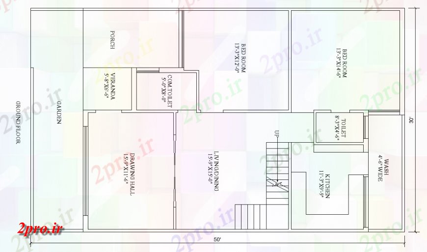 دانلود نقشه مسکونی  ، ویلایی ، آپارتمان  طرحی طبقه همکف ویلا با مساحت 1500sqft اتوکد (کد139575)