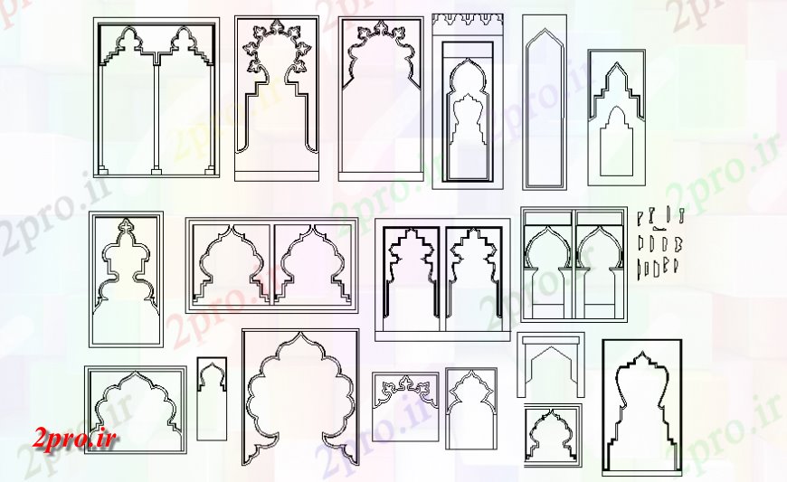 دانلود نقشه جزئیات طراحی در و پنجره  دربهای هلالی بلوک نما اسلامی  (کد139633)