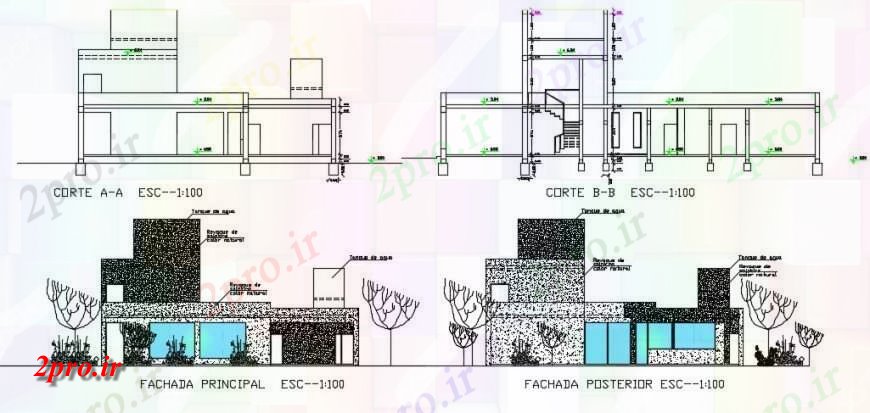 دانلود نقشه مسکونی  ، ویلایی ، آپارتمان  خانه نما مقطعی مینیمالیستی و نمای بیرونی جزئیات (کد139638)