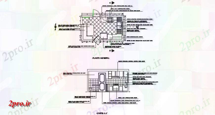 دانلود نقشه آشپزخانه بالا پلان طرحی از یک آشپزخانه جزئیات دو بعدی  (کد139658)